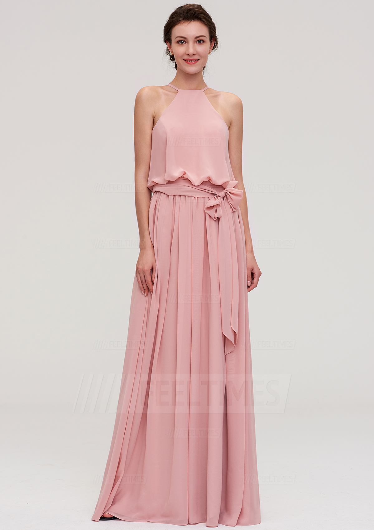 A-Line/Princess Scoop Neck Sleeveless Long/Floor-Length Chiffon Bridesmaid Dress With Pleated Sashes