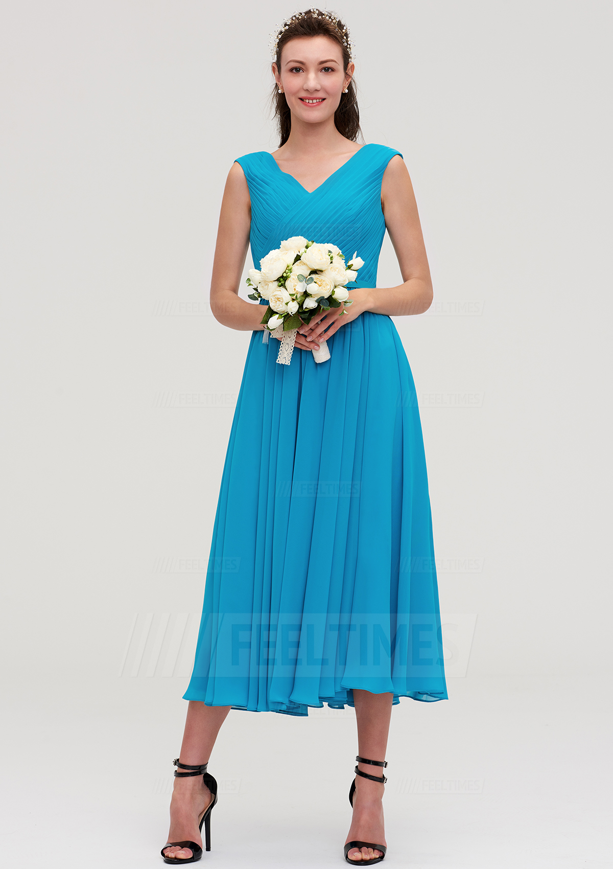 A-Line/Princess V Neck Sleeveless Tea-Length Chiffon Bridesmaid Dresses With Pleated