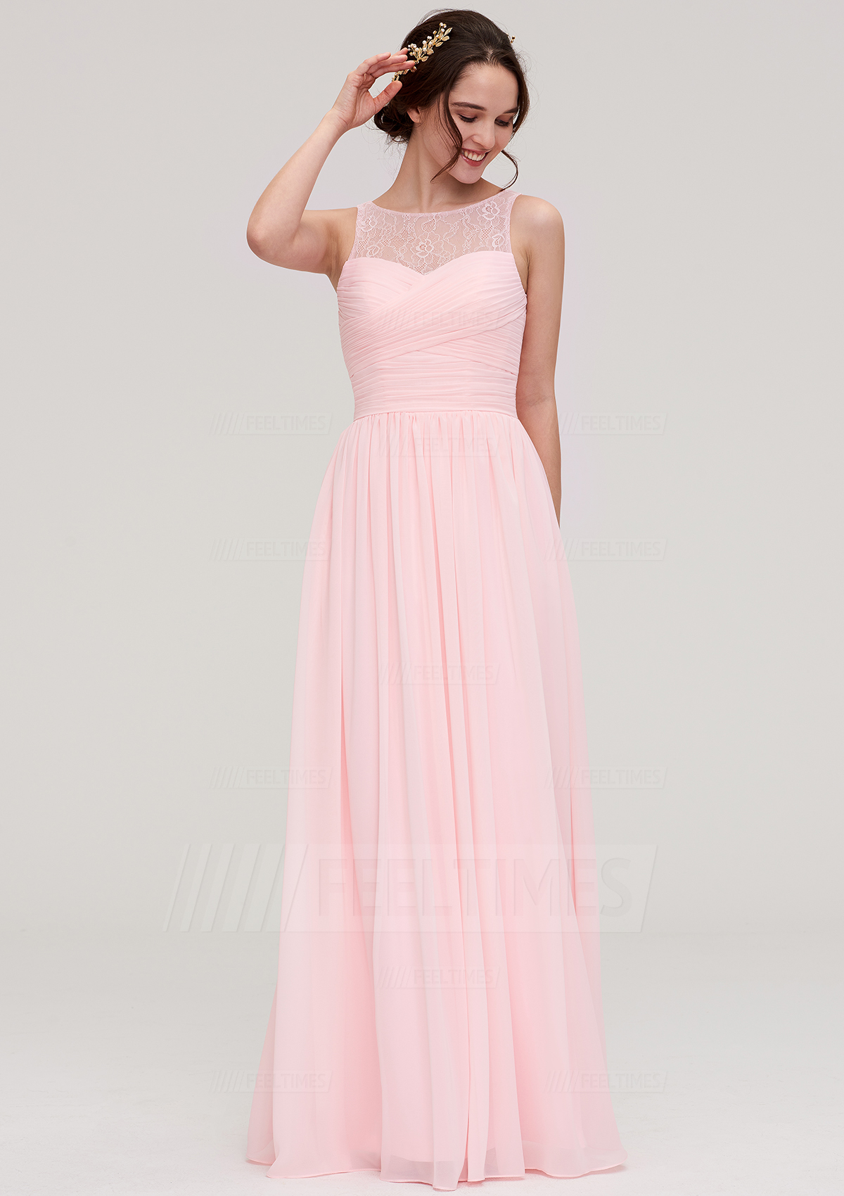 A-Line/Princess Bateau Sleeveless Long/Floor-Length Chiffon Bridesmaid Dress With Pleated Lace