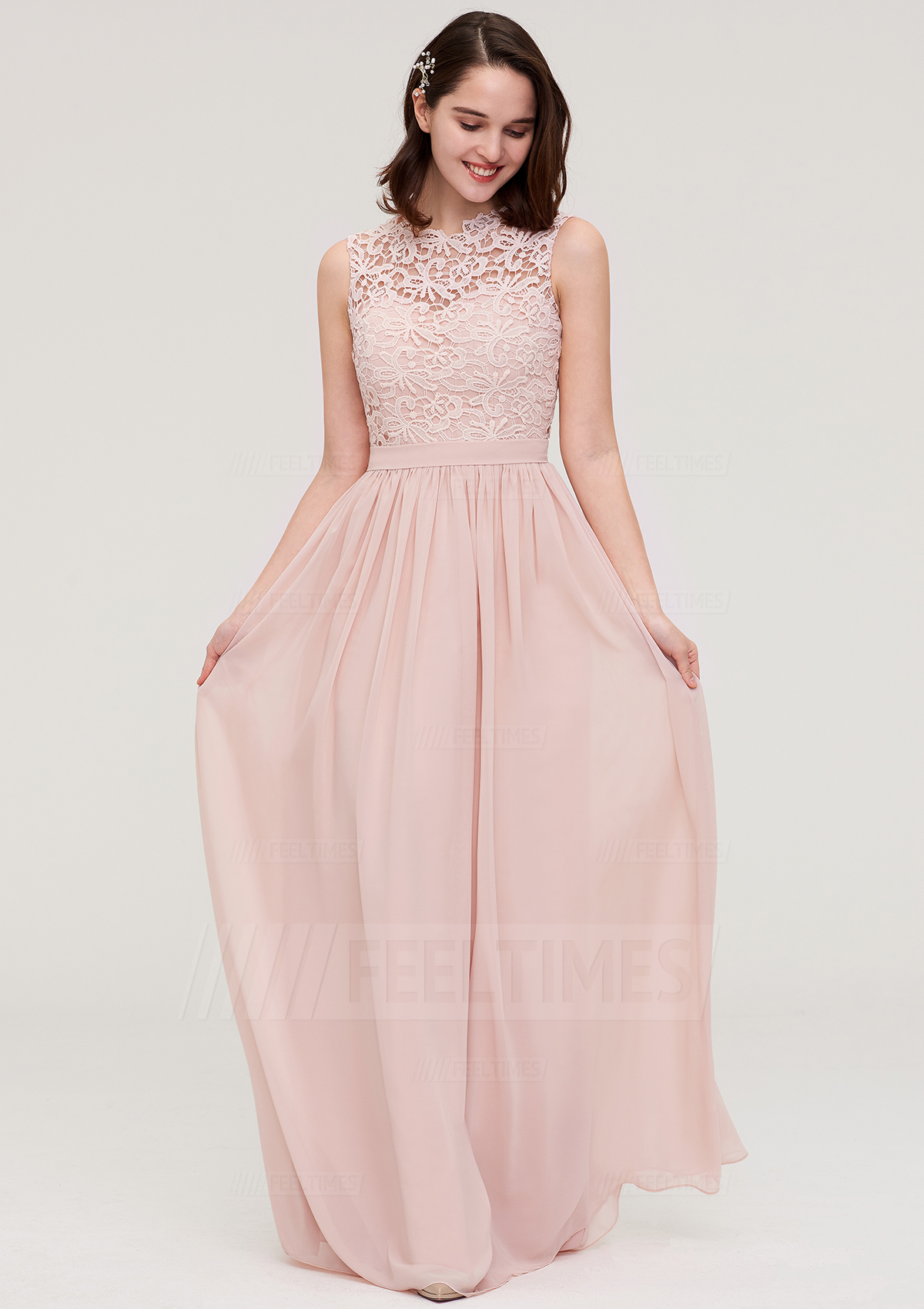 A-Line/Princess Scalloped Neck Sleeveless Long/Floor-Length Chiffon Bridesmaid Dress With Lace