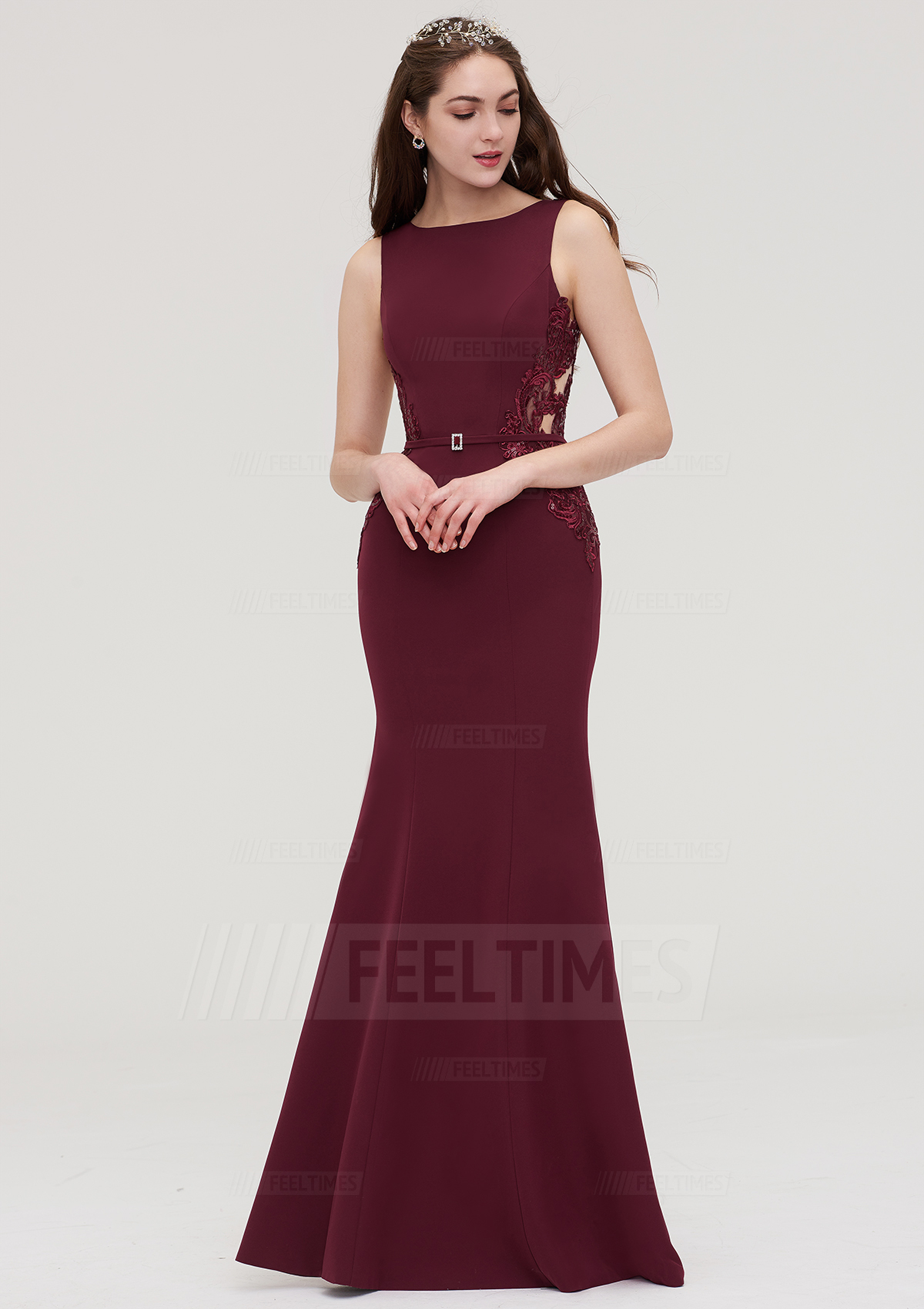 Sheath/ColumnBateauSleevelessLong/Floor-LengthElasticSatinBridesmaidDressWithWaistbandLaceSequins