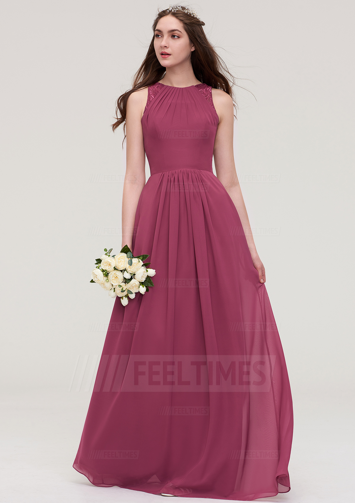 A-line/Princess Bateau Sleeveless Long/Floor-Length Chiffon Bridesmaid Dress With Lace Pleated