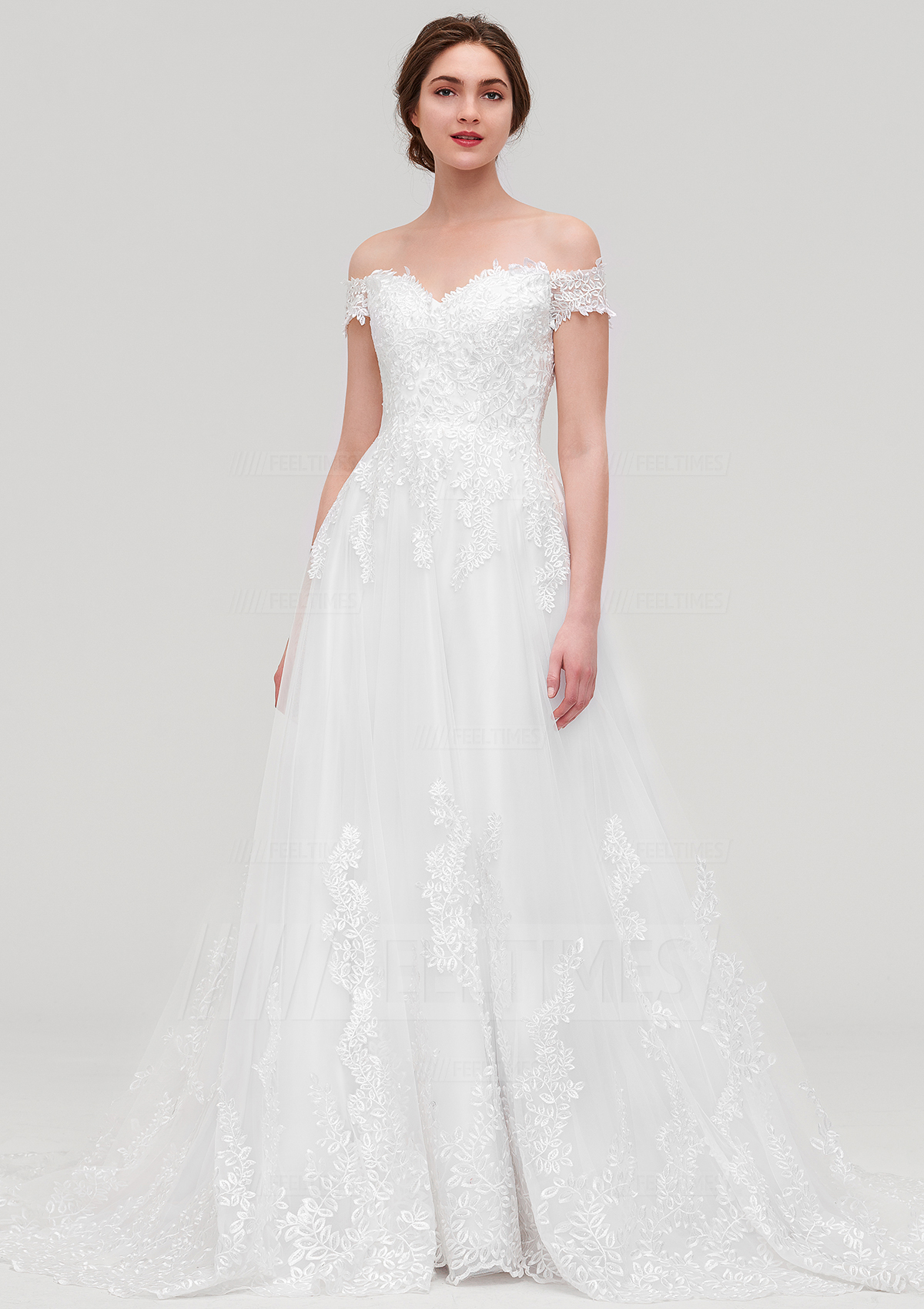 Princess Off-the-Shoulder Chapel Train Tulle Wedding Dress