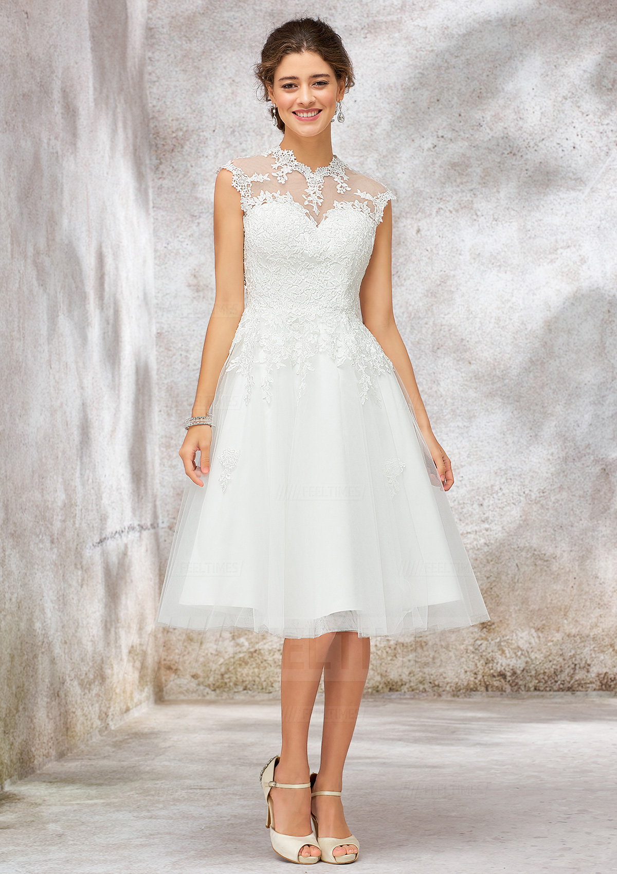 A-line Cap Straps Knee-Length Tulle Satin Lace Wedding Dress